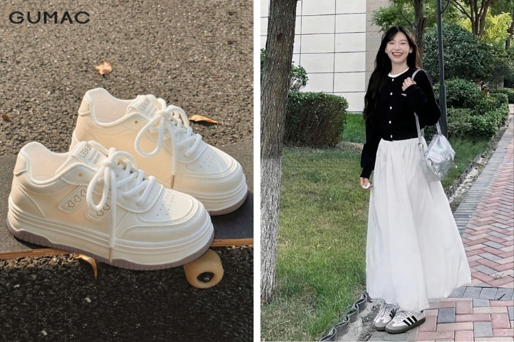 Giày thể thao năng động phối cùng váy dài dập ly